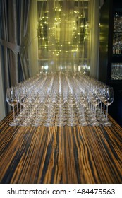      Glass Wine Glasses In The Lavish Hotel Ballroom                          