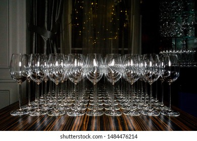 Glass Wine Glasses In The Lavish Hotel Ballroom