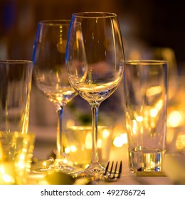 Glass Of Wine On The Table,Romantic Dinner Wedding Set Up.