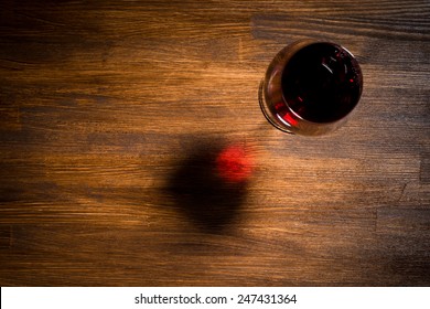 Glass Of Wine On Wooden Table. Top View