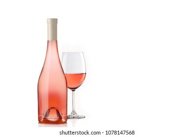 Glass Of Wine Rose Wine With Bottle,isolated On White