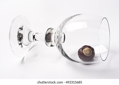 Glass Of Wine Tipped Over Containing One Chestnut