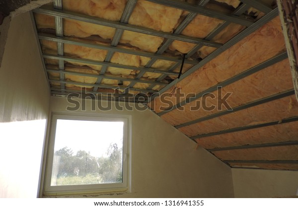 Glass Wool Insulation Ceiling Attic Room Royalty Free