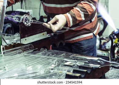 Glassblower products laboratory equipment and glass abstract background. Work place chemistry glass  - Powered by Shutterstock