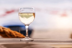 Glasse Of White Wine On The Wooden Table, Coast Cafe, Oyster Farm Background
