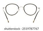 Glasses back view isolated on white background. Black eye glasses round frame with clear transparent lens for vision and read inside. Metal eyeglasses circle shape rear view vintage and retro style