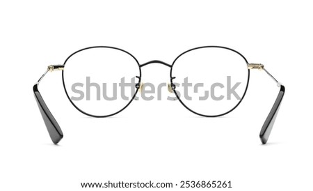 Glasses back view isolated on white background. Black eye glasses round frame with clear transparent lens for vision and read inside. Metal eyeglasses circle shape rear view vintage and retro style