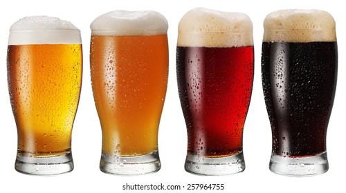 Glasses of beer on white background. File contains clipping paths. Four varieties of beer. - Powered by Shutterstock