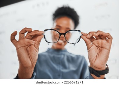 Glasses, black woman hands and customer with store worker at optician clinic looking at lens. Consulting, smile and eyewear shopping in a frame shop for vision test and prescription exam for eyes