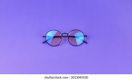 Glasses With A Blue Light Filter To Protect The Eyes While Working At The Computer. Round Glasses For Filtering Blue Light.