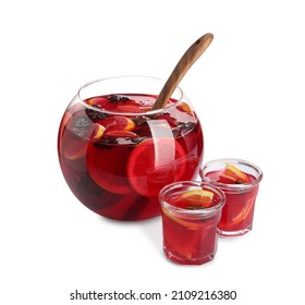 Glasses And Bowl Of Delicious Aromatic Punch Drink On White Background