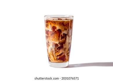 Glasses of coffee milk on white background. Cold beverage tasty. Iced latte. Clipping path photo.