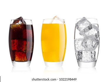 Glasses Of Cola And Orange Soda Drink And Lemonade Sparkling Water On White Background With Ice Cubes