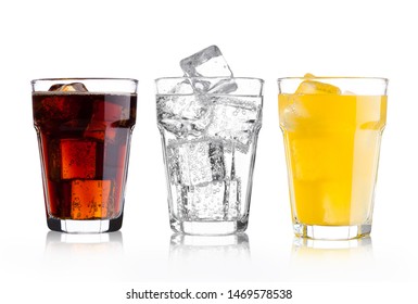 Glasses Of Cola And Orange Soda Drink And Lemonade Sparkling Water On White Background With Ice Cubes