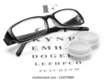 Glasses And Contact Lenses In Containers, On Snellen Eye Chart Background