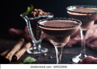 Glasses Of Cream Coffee Cocktail Or Chocolate Martini On Black Background