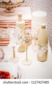 glasses and decoration on wedding table setting, selective focus