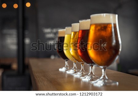 Glasses with different sorts of craft beer on wooden bar. Tap beer in pint glasses arranged in a row. Closeup of five glasses of different types of draught beer in a pub.