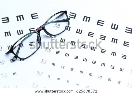 Glasses and eye chart on white background