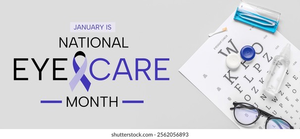 Glasses, eye test chart, drops and contact lenses on light background. Banner for National Eye Care Month