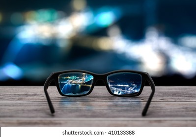 glasses focus background wooden - stock image - Shutterstock ID 410133388