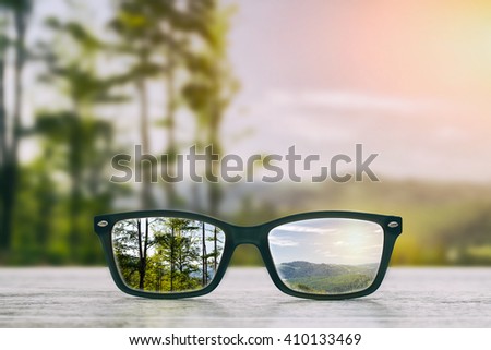 glasses focus background wooden - stock image