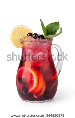 Glasses of fruit drinks with ice cubes isolated on white