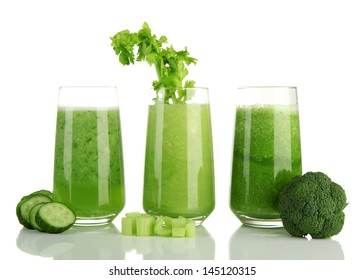 Glasses Of Green Vegetable Juice, Isolated On White