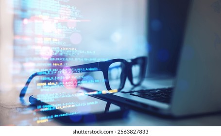 Glasses, laptop, and smartphone on a desk with colorful programming code overlay, abstract blurred background, concept of technology and coding