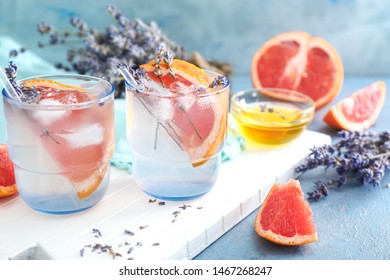 Glasses With Lavender Lemonade On Table