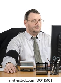 Glasses Man Measures Blood Pressure By Himself During Virtual Doctor Visit. Office Man Has A Telemedicine Consultation Service For The Time Of His Lunch. Vertical Shot.