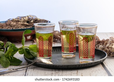 Glasses Of Mint Tea On A Tray On Table