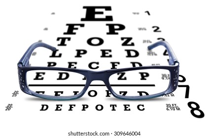 Glasses On Eye Chart Test Vision On White