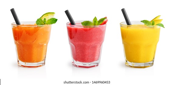 Glasses of papaya, mango and strawberry smoothie isolated on white background. Clipping path included