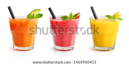 Similar – Image, Stock Photo Orange milkshake isolated on a purple background. Milkshake glass in bright light