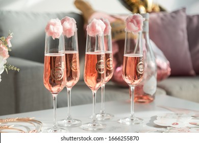 Glasses With Pink Champagne At A Bachelorette Party.