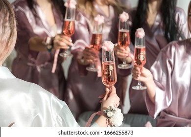 Glasses With Pink Champagne At A Bachelorette Party.