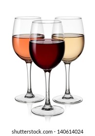 Glasses With Red, White And Rose Wine