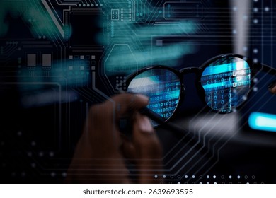 Glasses reflecting binary code and circuit patterns, symbolizing technology and digital innovation. A tech-focused image with a futuristic digital theme. Business and technology.
