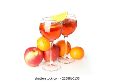 Glasses with Sangria, and ingredients isolated on white background