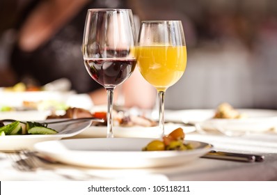 Glasses set with drinks in restaurant