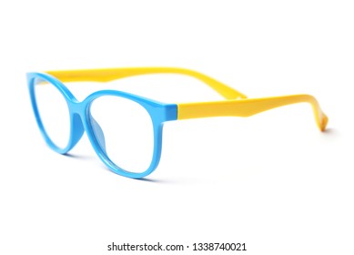 Glasses For Sight. Kids Optical Frame. Plastic Glasses For Reading Are Isolated On A White Background. Optical Accessories Frame, Glasses For Distance, Reading, Sight.