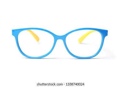 Glasses For Sight. Kids Optical Frame. Plastic Glasses For Reading Are Isolated On A White Background. Optical Accessories Frame, Glasses For Distance, Reading, Sight.