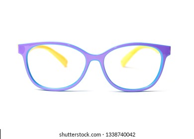 Glasses For Sight. Kids Optical Frame. Plastic Glasses For Reading Are Isolated On A White Background. Optical Accessories Frame, Glasses For Distance, Reading, Sight.