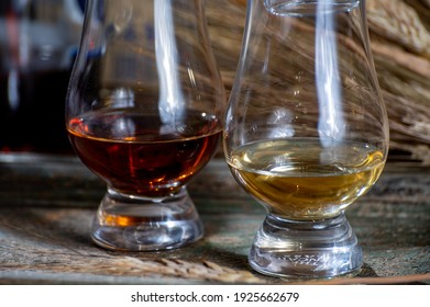 Glasses of single malt and blended scotch whisky served in bar in Edinburgh, Scotland, UK