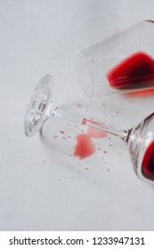 Glasses Of Spilled Red  Wine  On White  Background,  Copy Space.  Wine Degustation Concept