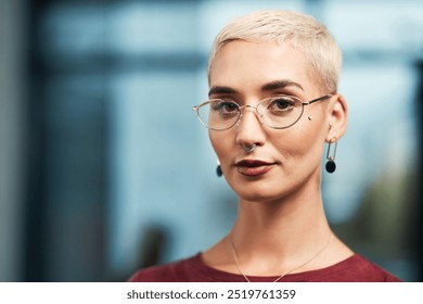 Glasses, startup and portrait of businesswoman in office with positive attitude for creative career. Eyewear, magazine and female art director from London with piercings and spectacles at agency. - Powered by Shutterstock