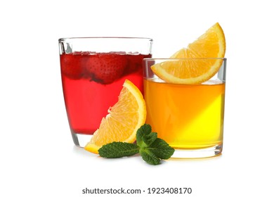 Glasses Of Strawberry And Orange Jelly Isolated On White Background