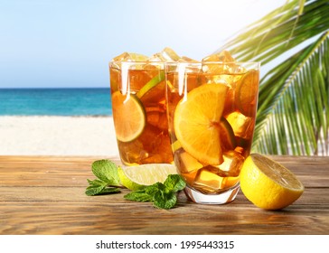 Glasses Of Tasty Cold Ice Tea On Table In Beach Bar