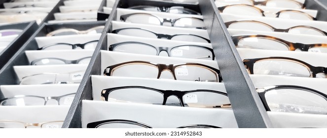 glasses with various lenses and frames - Shutterstock ID 2314952843